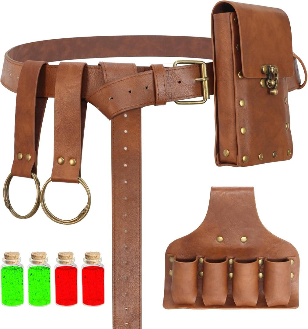Renaissance Belt Pouch Medieval Viking Pirate Leather Bag Potion Bottle Set Skirt Hike Halloween Cosplay Costume Accessorie (Brown-Bottle, Belt Pouch)