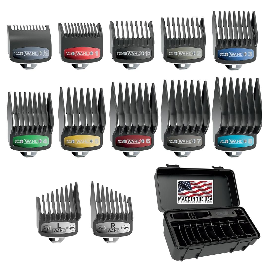 Wahl Genuine SECURE-SNAP® Guide Comb Set with Colored Metal Clips and Guard Organization Caddy, 12 Full Size Attachment Guards from 1/ 16” to 1” for Increased Cutting Performance Grey - 3291-300