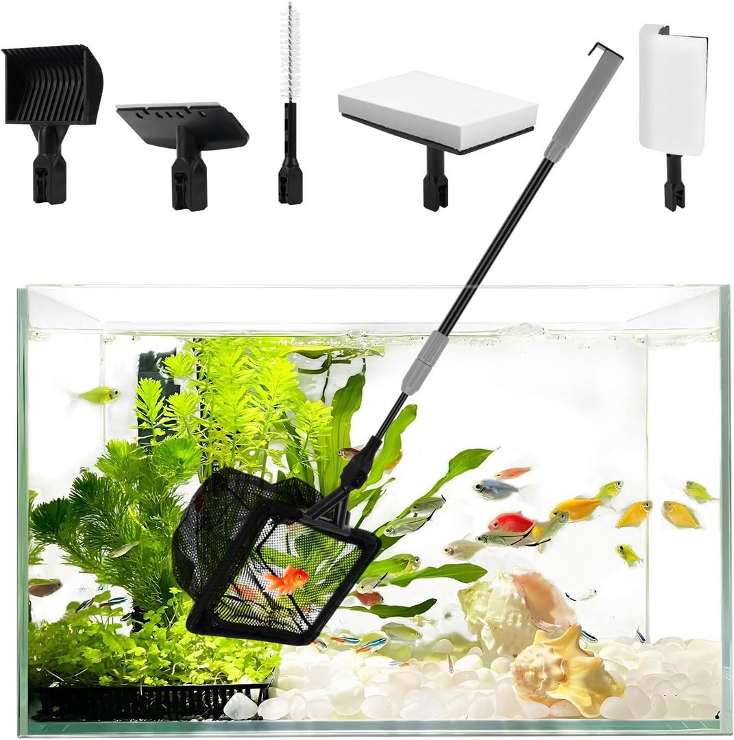 Upgraded Fish Tank Cleaner Kit Aquarium Cleaning Tools Algae Remover Scraper Scrubber Pad Adjustable Long Handle Glass Fish Tank Brush Cleaner Set with 6PCS Replacement Sponge