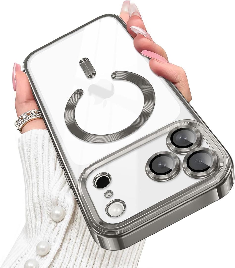 Designed for iPhone 17 Pro Case Magnetic, Compatible with Magsafe, Camera Control Button, Camera Lens Protector, Clear Soft TPU Plated Phone Case for iPhone 17 Pro, Natural Titanium