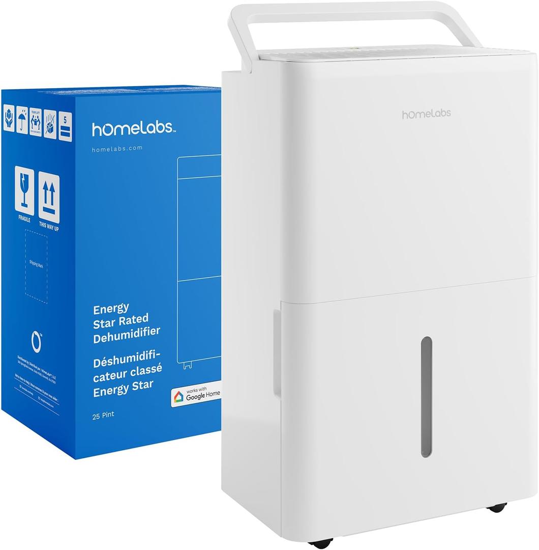 hOmeLabs 25 Pint Wi-Fi Dehumidifier for up to 3,500 Sq Ft Rooms (MAX 64 Pint at 95F, 90% RH)  High-Efficiency Moisture Removal for Medium to Large Spaces with Auto Shut-Off and Quiet Operation