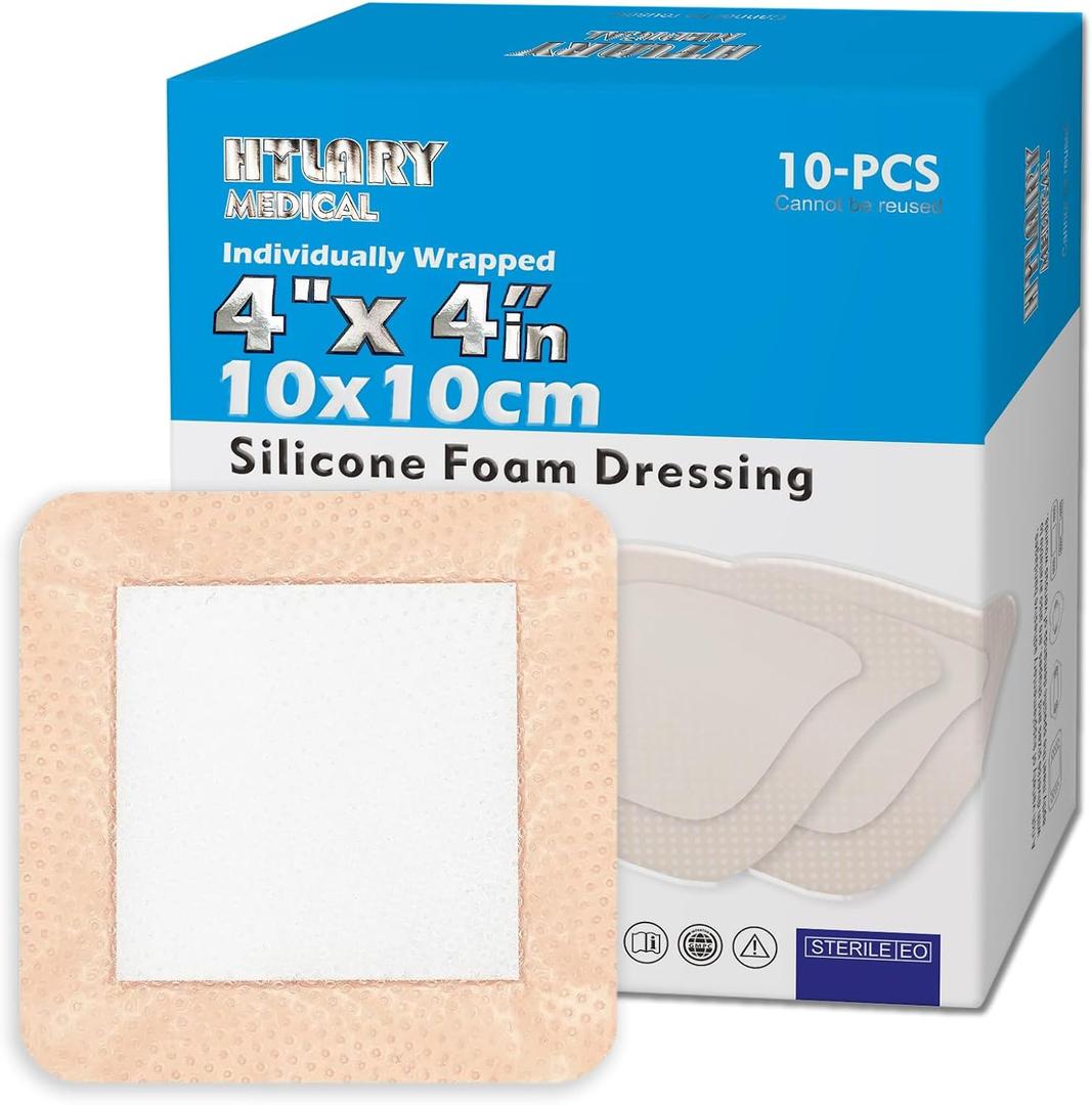 Silicone Foam Dressing 4x4 inches 10 Pack Advanced Exudate Control for Pressure Ulcers, Surgical Wounds & Diabetic Care Waterproof Wound Dressing First Aid Bandage for Wound Care