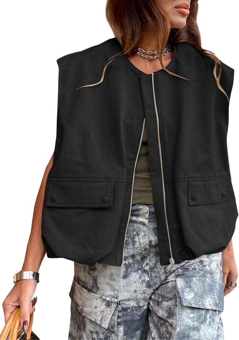Womens Casual Zip Up Cargo Vest Top Oversized Lightweight Ruched Hem Sleeveless Blazer Jackets Vest Tops (Black, M)