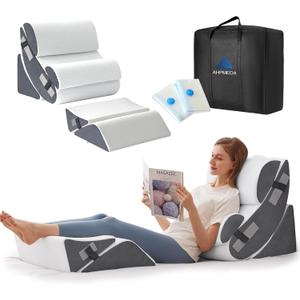 Ahpmeoa 6PCS Wedge Pillow Set for After Surgery, Orthopedic Bed Wedge Pillow for Headboard, Memory Foam Back Pillow for Bed Sitting Up, Sit Up Pillow for Acid Reflux Relief, GERD, Anti Snoring (White)