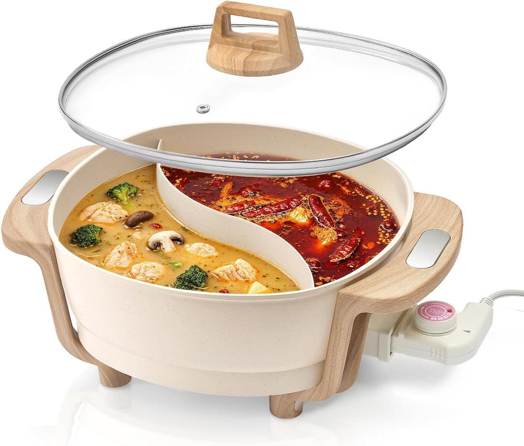 Hot Pot Electric Hot Pot with Divider, Large 6L Nonstick Dual-Sided Shabu Shabu Pot Dual-Flavor hotpot electric 1500W with Adjustable 5-Temperature Control Perfect for Family Dinners & Parties (6.3 Quarts)