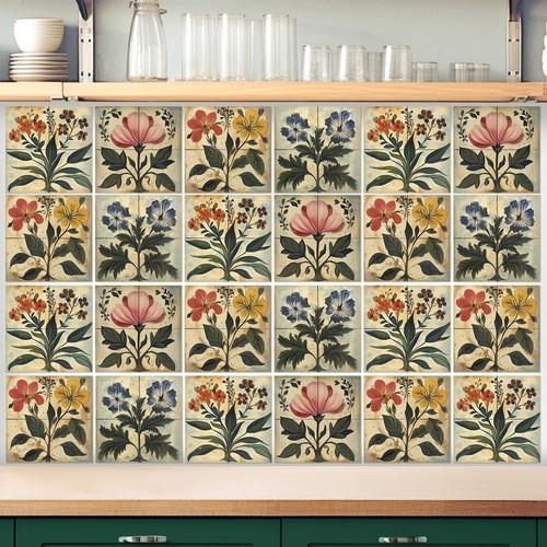 Faccito 24 Pcs Flower Tile Stickers 4x4 Inch Watercolor Retro Rustic Floral Peel and Stick Removable Self Adhesive PVC Waterproof Tile Stickers Farmhouse Wall Art Decal for Kitchen Bathroom Backsplash