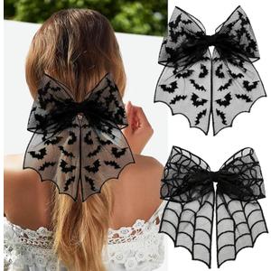 2PCS Halloween Bow Hair Clips Black Spider Web Bat Hair Bow Clips Transparent Mesh Big Ribbon Bows Hairpin Gothic Bat Cobweb Long Tails Bows Clip Barrette for Women Halloween Cosplay Hair Decor