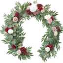 Floroom 6ft Artificial Eucalyptus Garland with Flowers Fake Greenery Faux Floral Vine Garland for Table Decor Wedding Centerpieces Bridal Shower Party Decorations, Burgundy & White