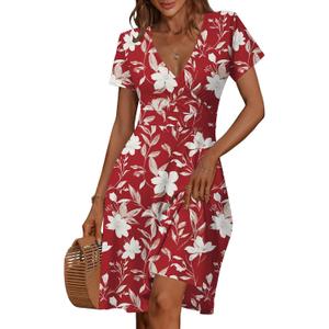 MSBASIC Womens Summer Wrap V Neck Casual Dresses Floral Short Sleeve A-Line Midi Sundress (Red, M)