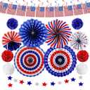 26Pcs 4th of July Decorations Patriotic Decor USA Flag String Red White Blue Paper Fans Star Streamer Pom Poms Hanging Swirls for Memorial Day,Fourth of July,Armed Forces Day,Flag Day