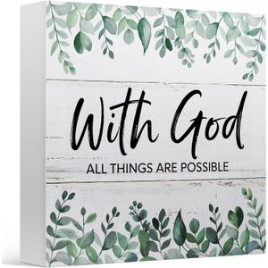 Bible Verse Desk Decor Signage for Office Home, With God All Things are Possible, Wooden Sign 5x5 Inches