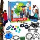 Zip Line Kit for Kids and Adults, 100/120/150/200ft, Up to 350 Lbs, Removable Trolley, Rustproof Stainless Steel, Quick Setup with Ratchet, Safety Harness, Backyard Adventure Fun W/Climbing Holds