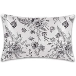 Satin Pillowcase 1 Pack-Black and White Peony Tulips Vintage Floral Silky Pillow Cover for Hair and Skin,King Size 20x36 Inch Soft Cooling Printed Pillow Cases with Hidden Zipper,Gifts for Women Men