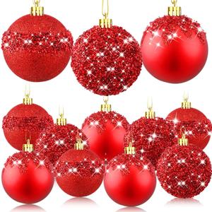 Syhood 12 Pieces Glitter Christmas Ball Ornaments Rhinestone Sequin Christmas Decorations Hanging Plastic Balls for Xmas Trees Wedding Party Holiday Decorations(3.15 Inch, Red)
