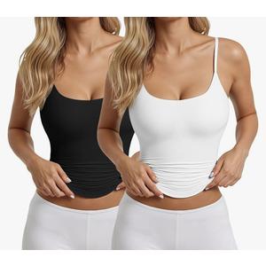 2 Pack Womens Cami Tank Scoop Neck Spaghetti Strap Tank Tops Basic Tight Camisole Shirts Black/White, XL