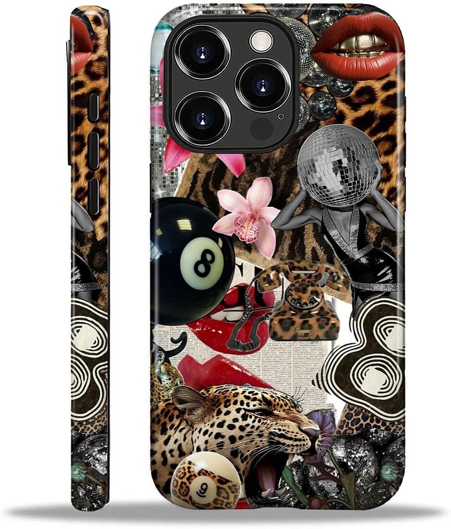 Compatible with iPhone 16 Pro Max Case - Dual-Layer Protection, Hard Shell with Silicone Interior,Slim Scratch Resistant Shockproof for Woman Men - Leopard Print Retro Collage