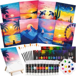 Cholemy 36 Pcs Paint and Sip Kit for Adults 8''x10'' Pre Drawn Canvas for Painting DIY Afro Acrylic Painting Kit Wood Easel Brushes Date Night Bulk for Easter Party Gifts