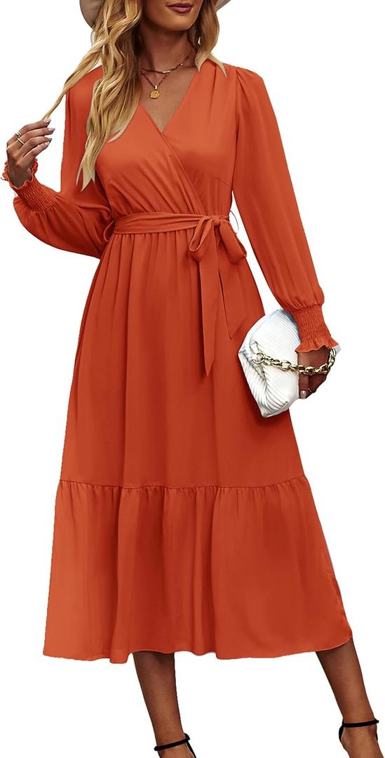 PRETTYGARDEN Women's Floral Boho Dress Fall Long Sleeve Wrap V Neck Ruffle Flowy Maxi Spring Wedding Guest Vacation Dresses (Large, Solid Brick Red)