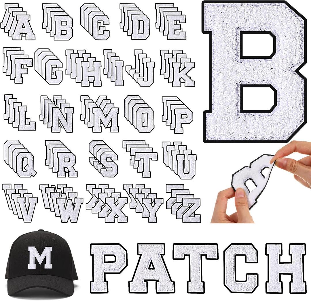 WILLBOND 104 Pieces Iron On Letters Chenille Letter Patches 3.1inches A-Z Alphabet Patches for Clothing Preppy Sew Embroidered Repair Fabric Jacket Jeans Bag(White with Black Edges)
