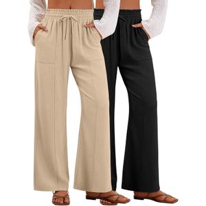 2 Pack Women's Linen Pants Summer Wide Leg Drawstring Elastic Waist Pant Casual Loose Fit Beach Trousers with Pockets (Medium, Khaki, Black)