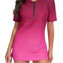 Halcurt Women's Short Sleeve Rash Guard Swim Shirt with Bra Half Zip Tie Drawstring UPF50+ Swimsuit Top Ombre Red Pink M