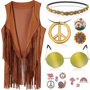 60s 70s Outfits for Women Hippie Costume Clothes Set 70s Costume Tops Women Fringe Hippie Vest for Halloween, XL 