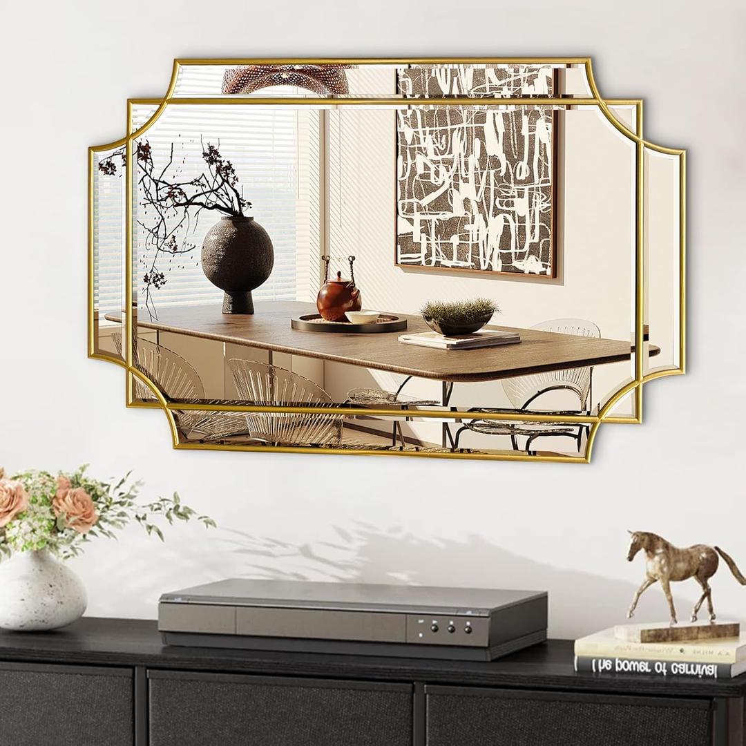 Gold Mirror for Wall, 36x24 Gold Wood Framed, Scalloped Beveled Polished Rectangle Mirror, Large Decorative Mirrors for Wall Decor, Irregular Mirror for Living Room, Bathroom Vanity, Entryway