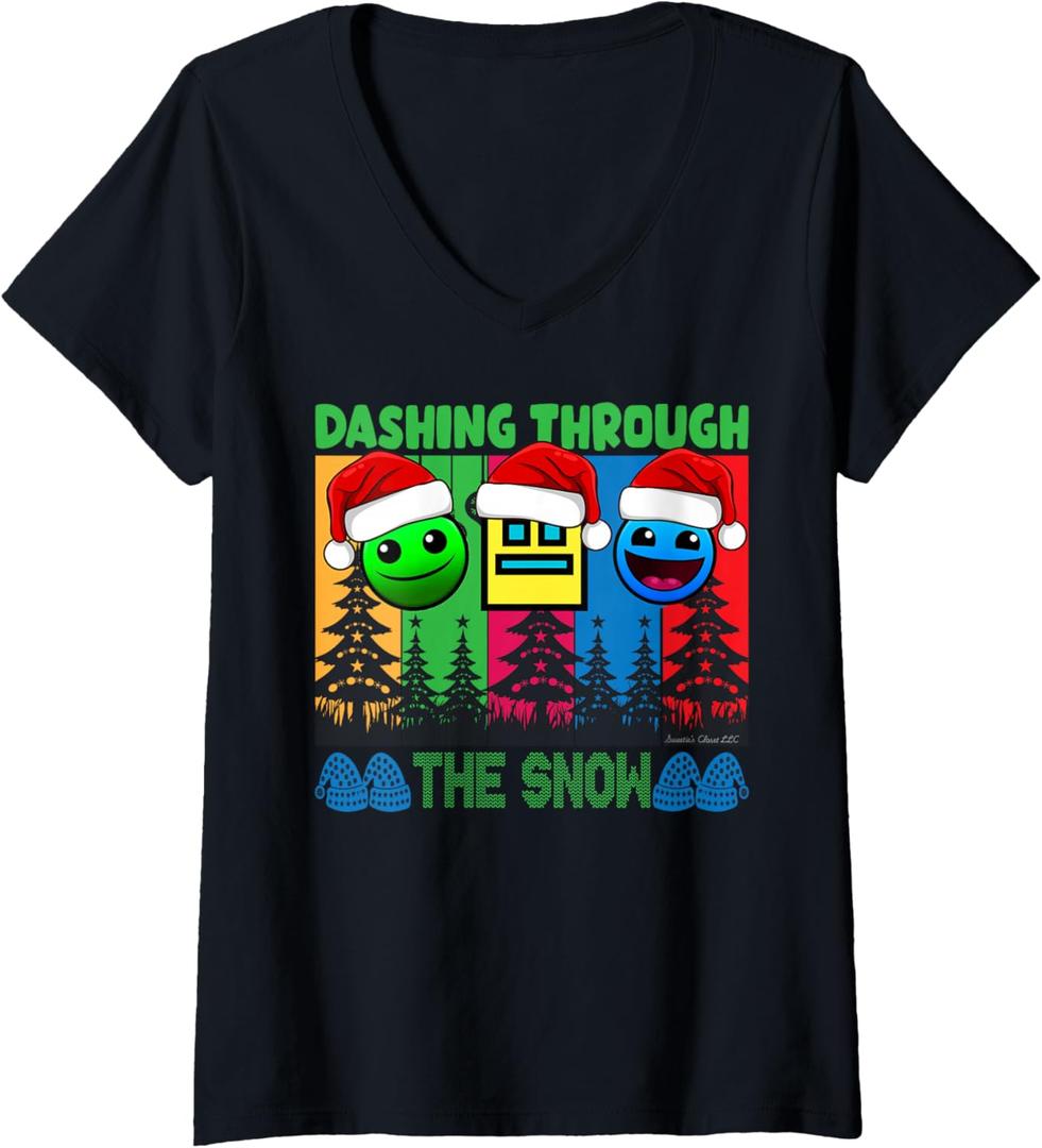 Womens Geometry Dashing Through The Snow Sleep Dash Game Christmas V-Neck T-Shirt,medium