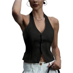 SOLY HUX Women's Button Down Suit Vest Halter V Neck Backless Waistcoat Sleeveless Tank Tops (Large)