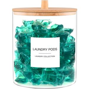 TIPGO Glass Jars for Laundry Room Organization, Laundry Pods Container with 27 Labels, Detergent Holder with Bamboo Lid, Cute Storage Jars (Set of 1)