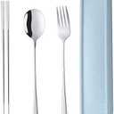 Portable Travel Flatware 3PCS Spoon Fork Chopsticks Set 18/10 Stainless Steel with Case and Bag for School Work Office lunch (Silver)
