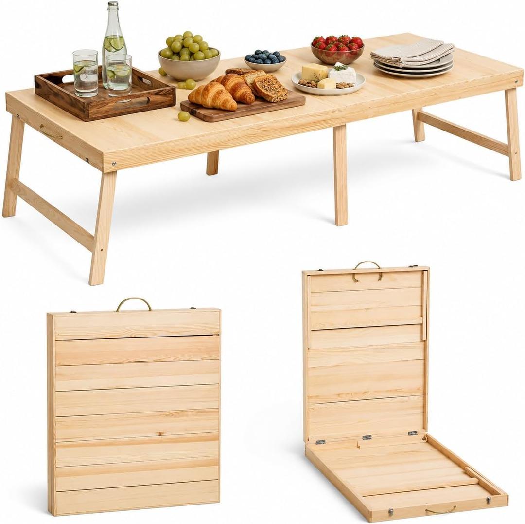 Boho Wooden Folding Picnic Table 80"x30"Low Portable Outdoor Camping Table, 80x30in - No assembly required