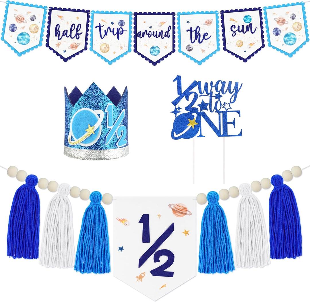 1/2 Birthday Half Trip Around the Sun Half Birthday Decorations - Banner Glitter Cake Topper Tassel Wood Bead High Chair Banner & Crown, Hat Halfway to One Baby Boy Girl Party Supplies (Planet Blue)