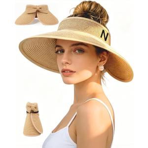 Beach Straw Sun Hat for Women, Wide Brim UV Protection Visors Hat with Ponytail Opening, Foldable Summer Travel Hat