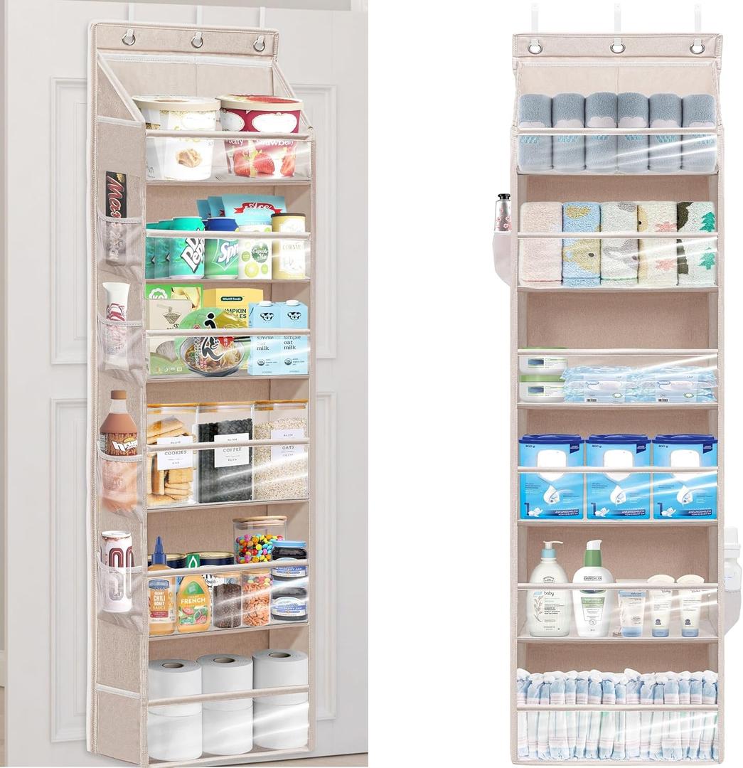 Over Door Organizer with 6 Extra Large Pockets 12 Side Pockets, 2-Pack Sturdy Closet Rack, Hanging Storage Organizer with Clear Window for Shoes, Diapers, Toys, Bedroom, Bathroom, Beige