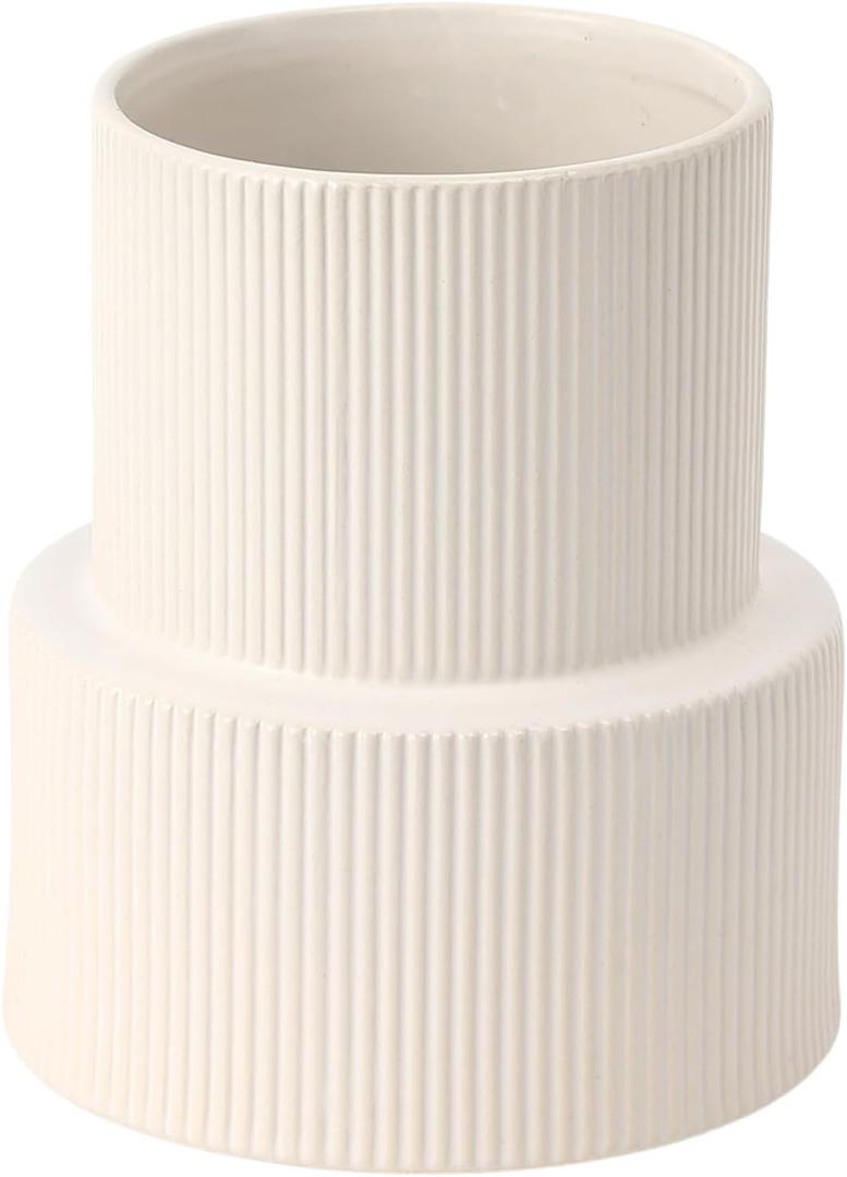 White Ceramic Flower Vase, Large Decorative Boho Modern Ribbed Pampas Grass Vase for Living Room, Office, Mantel, Shelf, Dining Table, 7.5 Inches