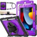 SEYMAC stock Case for iPad 9th/ 8th/ 7th Generation 10.2'', Shockproof with Screen Protector, Pencil Holder [360 Rotating Hand Strap] & Stand, for iPad 10.2 inch 2021-2019 (Purple+Black)