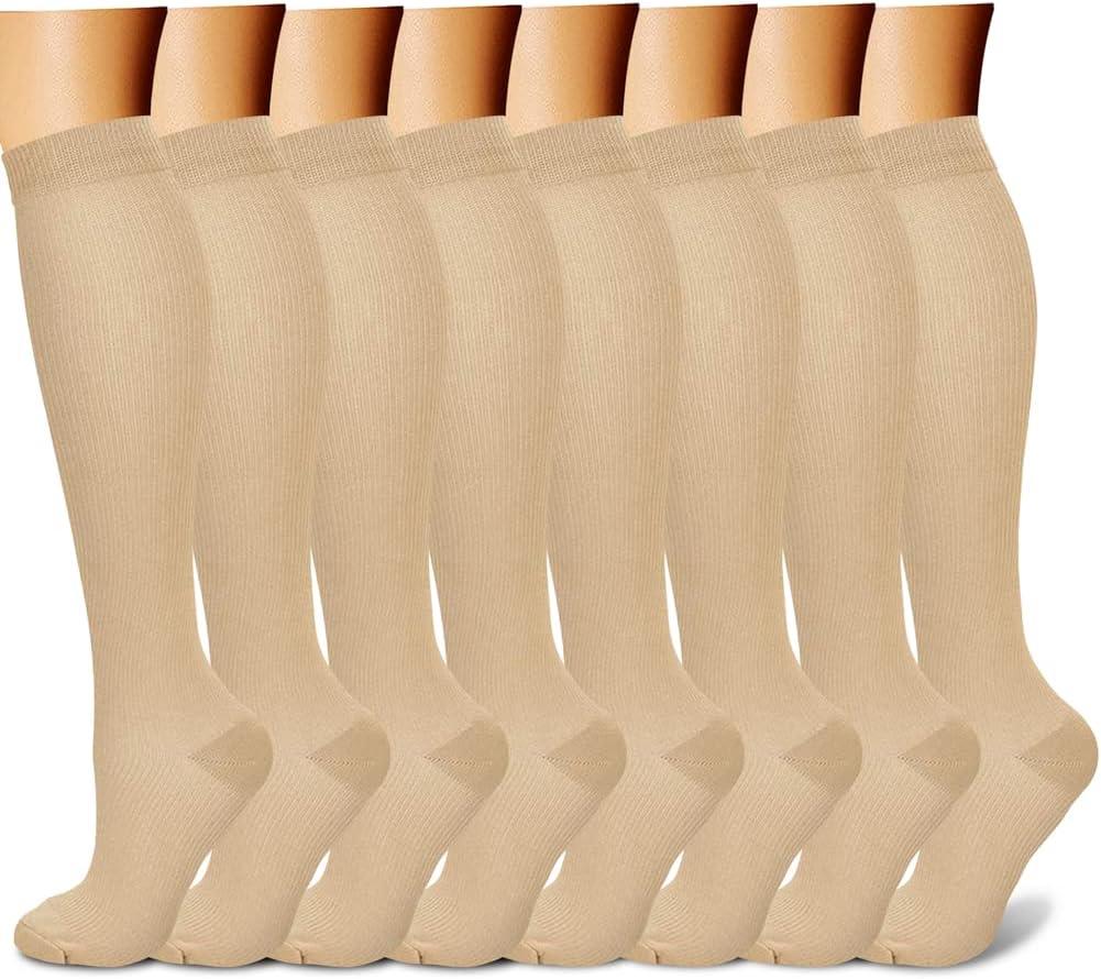 CHARMKING Compression Socks for Women & Men Circulation (8 Pairs) 15-20 mmHg is Best Support for Athletic Running,Cycling (Small-Medium, 09 Beige/Beige/Beige/Beige/Beige)