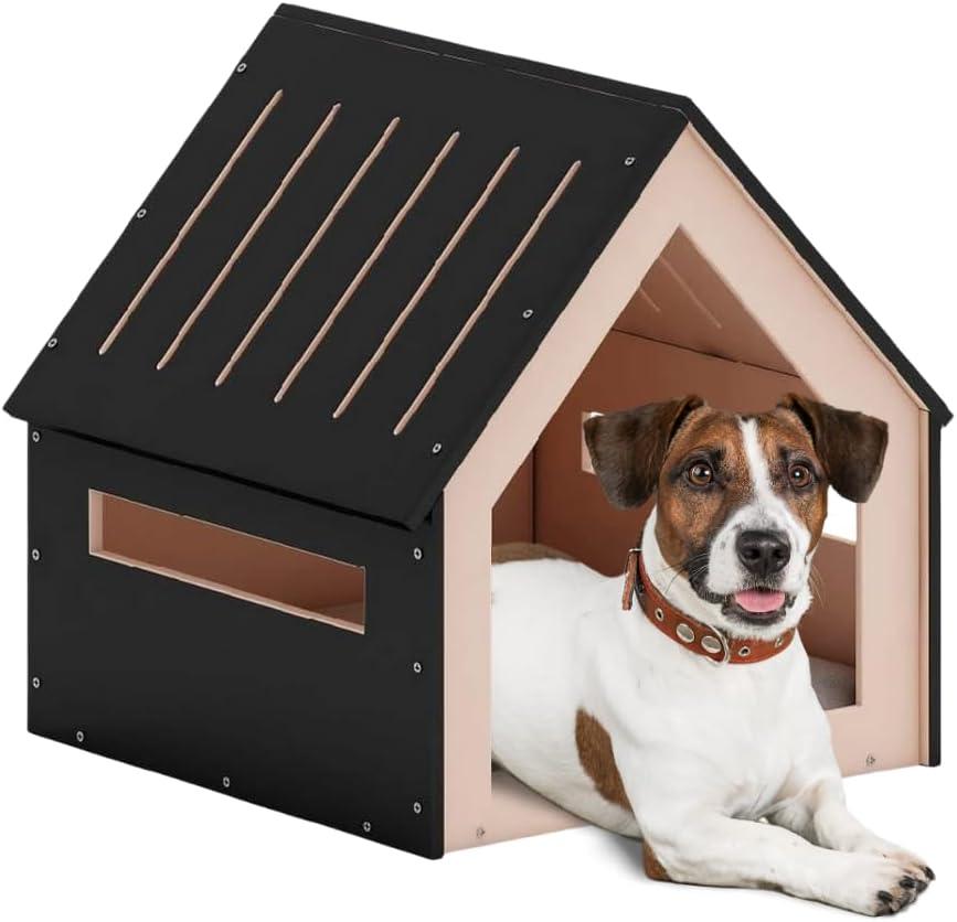 POLIPETS Big House for Pets, Wooden House for Pets for Interiors, Resistant Wood with Cushion for Dog Included, Minimalist, Elegant and Resistant, 24x25x24.5 in, Black