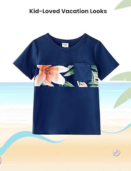 PATPAT Family Matching Outfits Mommy and Me Dresses Hawaiian Tropical Vacation Beach Spaghetti Strap Dress and Shirt Only One T-shirt (2T)