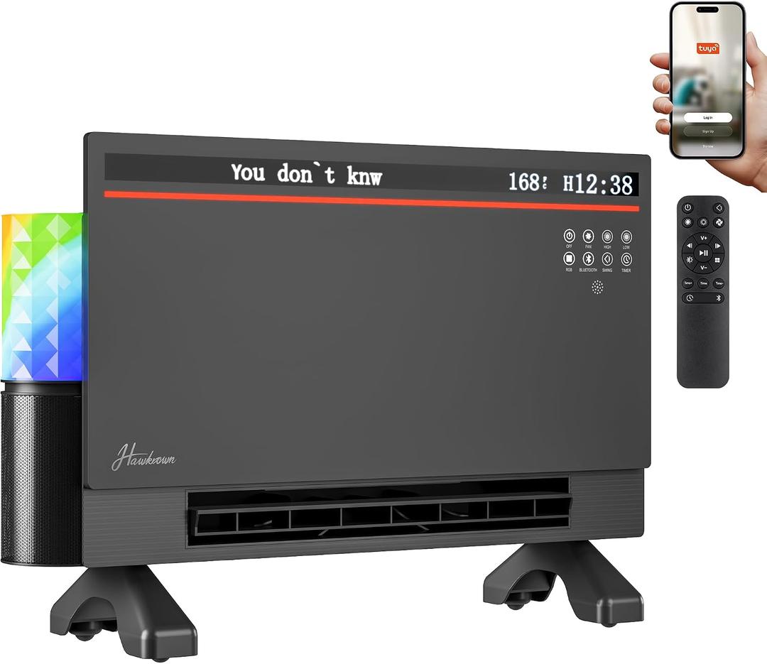 Hawkrown 1800W Smart Electric Panel Space Heater with Bluetooth Speaker, Lyric Display & RGB Lights, 6-in-1Heater Fan, App/Voice/Remote/Touch Control, Wall-Mount or Freestanding, Works with Alexa