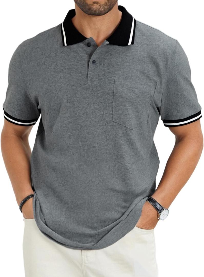 Men's Casual Short Sleeve Polo Shirts Classic Button Summer Collared Golf Top T-Shirt with Pocket (S)