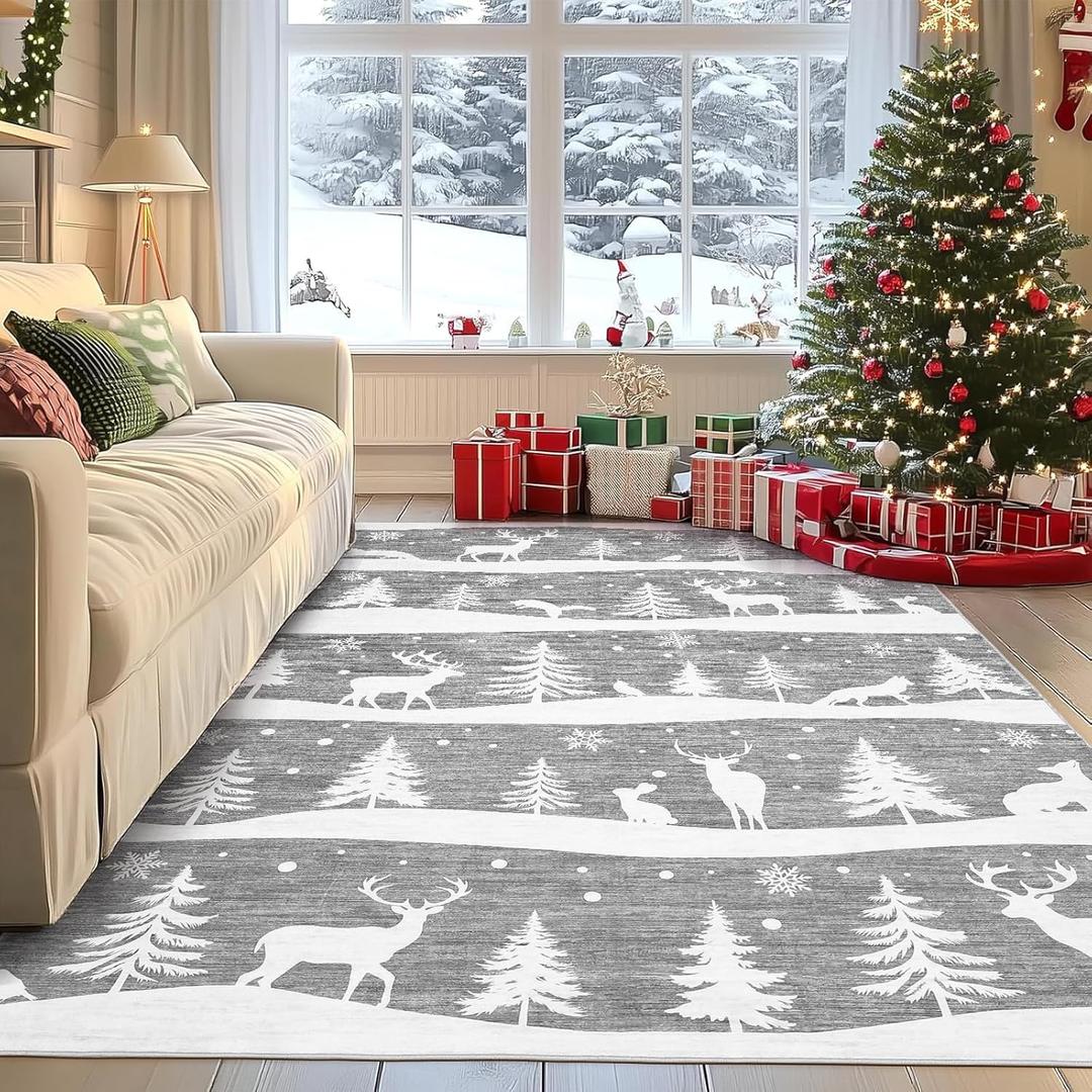 GarveeHome Grey 5x7 Area Rugs for Living Room, Washable Rug for Home Decor, Indoor Non Slip Carpet, Soft Low Pile Christmas Rug with Xmas Tree Reindeer Snowflake for Bedroom, Dining Room
