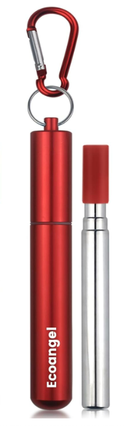 Cruise Ship Essentials, Reusable Collapsible Stainless Steel Drinking Straws with Aluminum Case, Cleaning Brush,and Keychains-Red