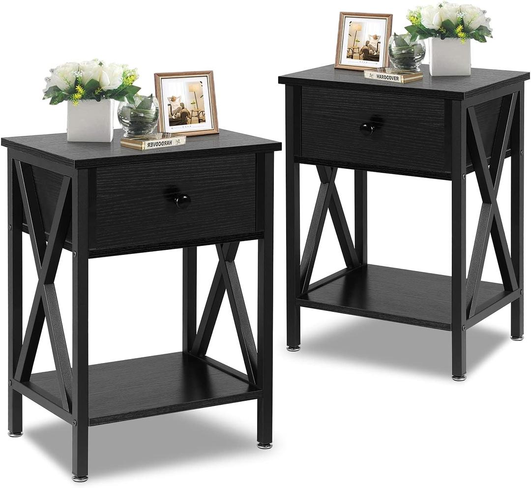 VECELO Night Stands for Bedroom Rustic Nightstand Bedside End Tables with Drawer Storage, (Set of 2), Classic Black