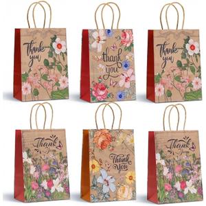 12 Pcs Thank You Party Gift Bags Thank You Kraft Paper Bags with Handles Floral Design Treat Bags for Birthday Present Wrapping