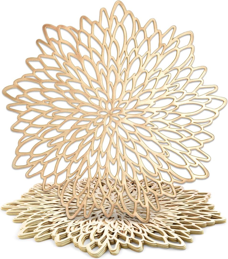 Juvale 10 Pack Gold Vinyl Placemats - 14.4" x 14.4" Round Table Mats and Plate Chargers with Leaf Design for Elegant Table Decor and Protection - Stylish Charger Plates for Events and Wedding Parties