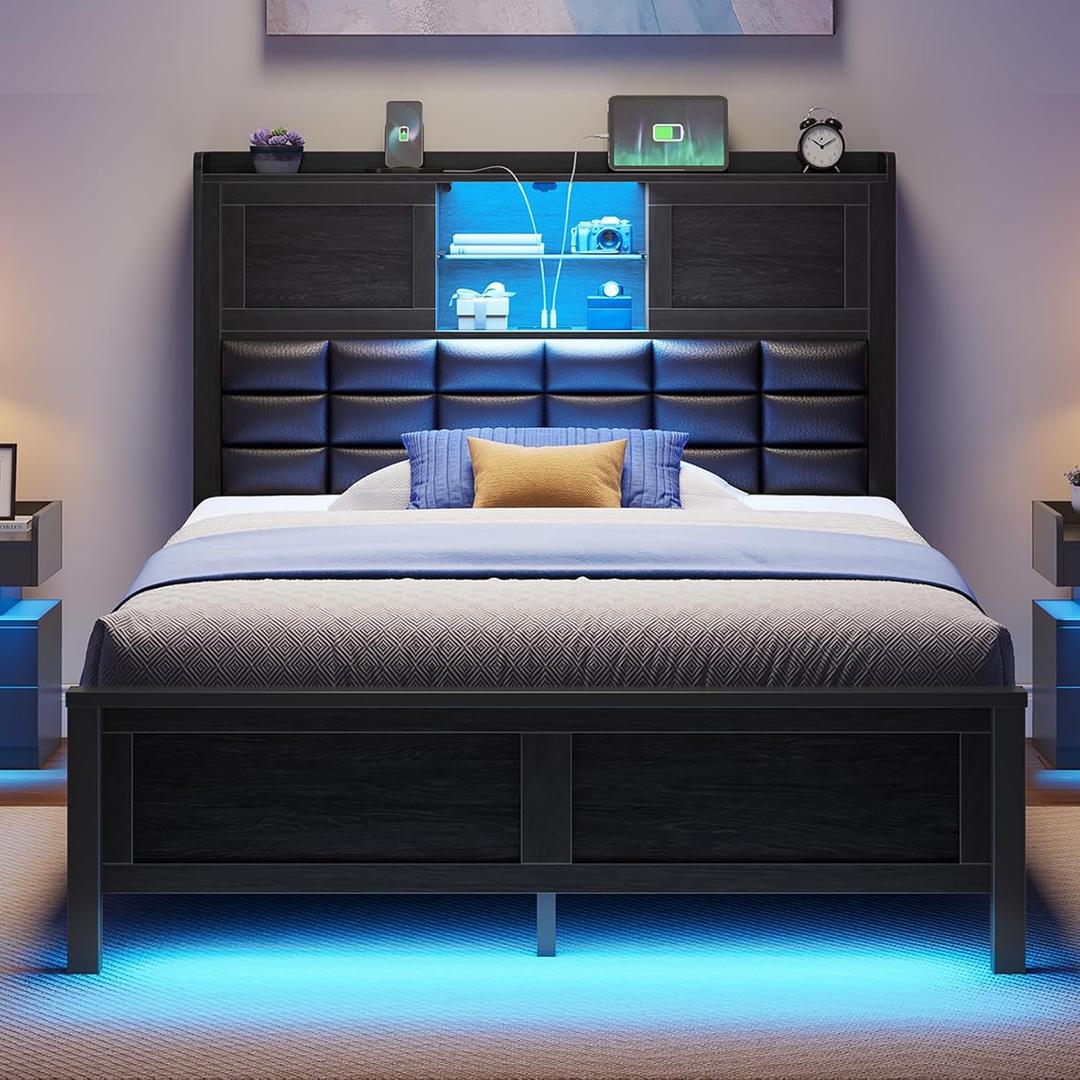 Rolanstar Bed Frame Twin Size with Charging Station, Bookcase Headboard Bed with LED Light and Sliding Doors, Platform Bed with Wooden Slats, No Box Spring Needed, Noise Free, Black