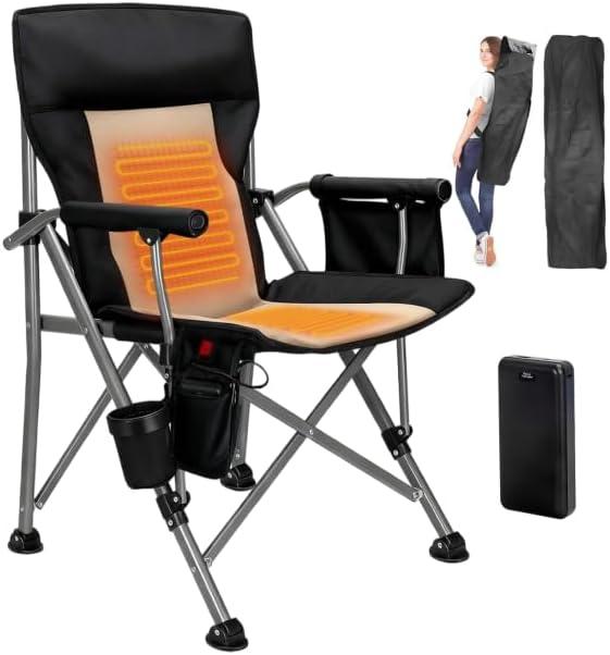 Heated Camping Chair with 20,000 mAh Battery, Loog-Lasting for 500 Mins, Fully Padded Heated Camp Chairs, Heavy Duty Folding Chairs Supports 500 lbs for Winter Camping, Picnics, Tailgating, RV Travel (Black & Beige)