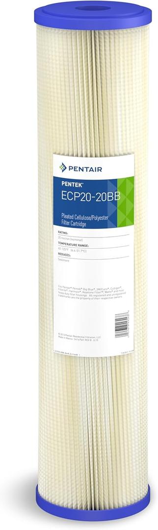 Pentair Pentek ECP20-20BB Big Blue Sediment Water Filter, 20-Inch, Whole House Heavy Duty Pleated Cellulose Polyester Replacement Cartridge, 20" x 4.5", Blue End-Cap, 20 (1 Count (Pack of 1))